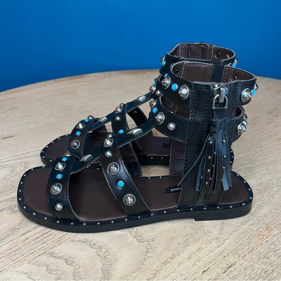 New! River Island Studded Leather Gladiator Faux Turquoise Silver Sandals Size 7 - Picture 4 of 11